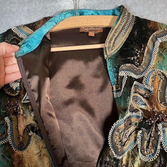 Obstinee By Ika Jacket 6 Teal Brown Velvet Beaded Art to Wear Embroidered Artsy - Picture 11 of 16